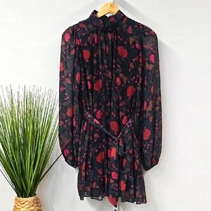 LDT‎ Black Red Floral Chiffon Mock Neck Long Sleeve Mini Dress Size 2